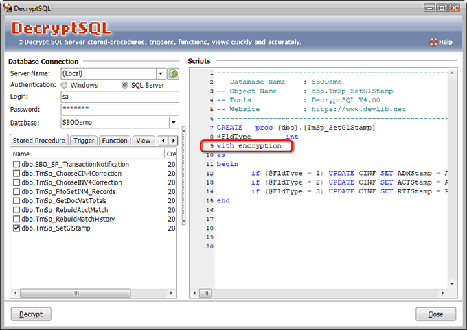 Quick and Exact to decrypt MS SQL Server stored procedure,trigger,function,view!