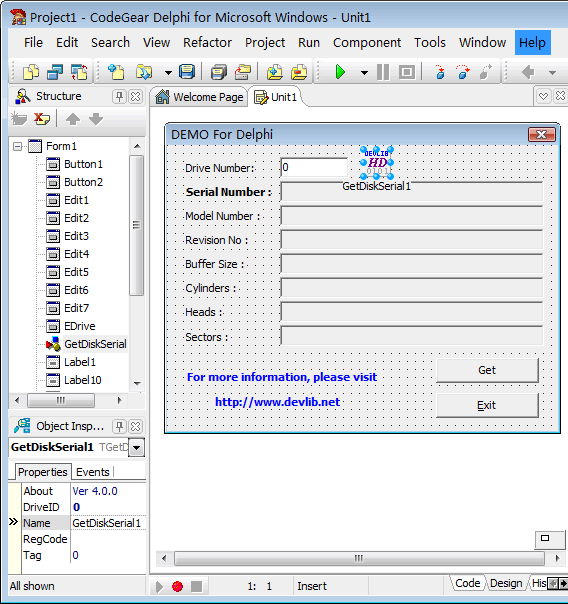 Screenshot of TGetDiskSerial Component